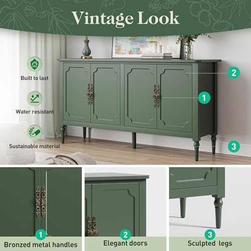 RoyalCraft 118" Buffet Cabinet with Storage, Vintage Sideboard with Adjustable Shelves, Mid Century Modern Painted Credenza Coffee Bar for Kitchen, Dining Room, Entryway, Living Room, Forest Green