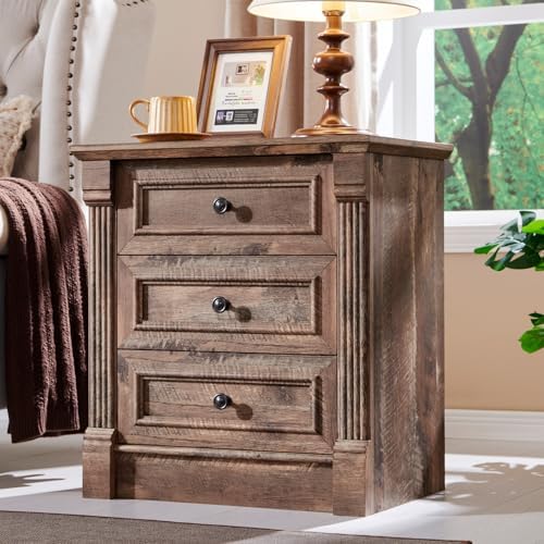 Aitjunz 26" Tall Nightstand w/Charging Station, 3 Drawers, Light Brown