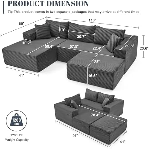 Mangodan 110” Cloud Sectional Couch, Modular Sectional Sofa with Deep Seat, Boneless Sofa for Living Room, Fluffy Comfy U-Shaped Couch with Left Facing Chaise, No Assembly Required, Grey