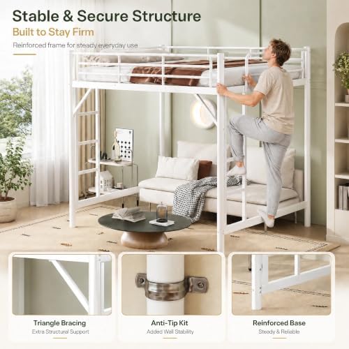 Bellemave Twin Loft Bed, Metal Round Pipe, Dual Ladders, Save Space, White