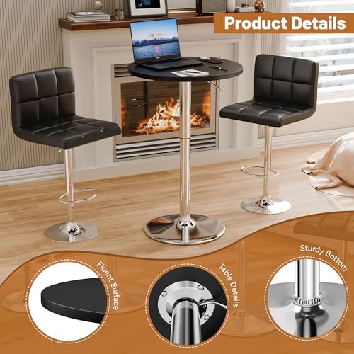 Flamaker Round Bistro Pub Table 23.6 Inch Height Adjustable 360° Swivel Bar Table Metal Base for Pub, Dining Room, Party (1, Black-Silver)