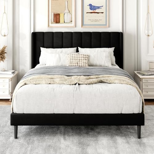 Gruwans Full Size Bed Frame with Upholstered Wingback Headboard, Easy Assemnly Platform Bed, Wooden Slat Support No Box Spring Needed, Black