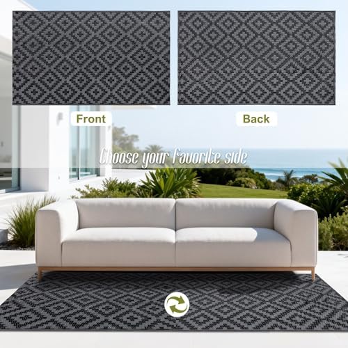 SAND MINE Waterproof Outdoor Rug, Plastic Reversible Rug, Modern Area Rug, Large Floor Mat for Outdoors, RV, Patio, Backyard, Deck, Picnic, Beach, Camping (3' x 5', Black Grey Lattice)