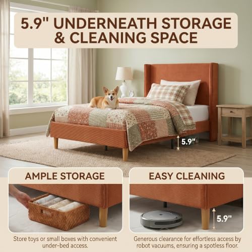 Twin Corduroy Upholstered Platform Bed with Headboard Wingback, Ocher