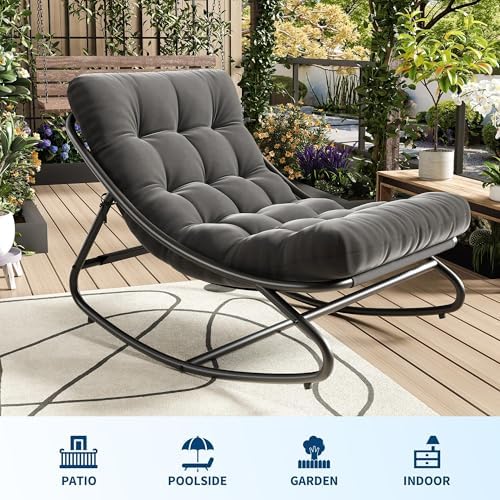 IDEALHOUSE Outdoor Rocking Chair with Metal Frame, Adjustable Papasan Rocker, Waterproof Comfy Cushion, 450lbs Capacity, for Patio, Porch, Garden, Living Room, Dark Grey