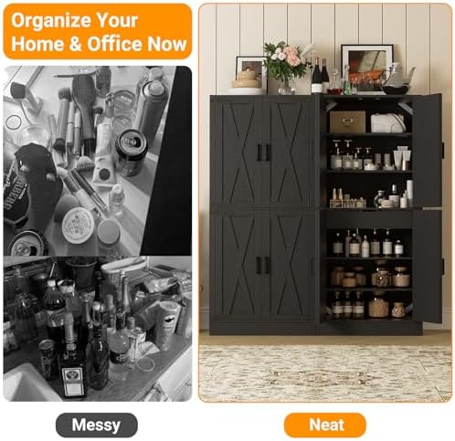 Unikito 71" Pantry Storage Cabinet with Adjustable Shelves and Drawers | Large Wooden Farmhouse Storage Cupboard, Barn Door, Sturdy and Deep, Versatile for Dining Room, Living Room, Utility Room