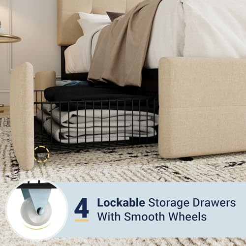 Allewie Full Size Storage Bed Frame with 4 Underbed Drawers, Upholstered Platform Bed with Adjustable Headboard, Square Button Tufted, Easy Assembly, Noise-Free, No Box Spring Needed, Beige