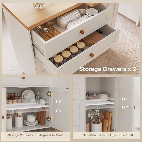 IRONCK Rolling Kitchen Island with 360° Swivel Table and Storage, White