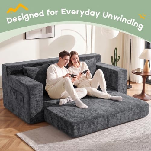 3 Seater Boneless Couch for Living Room, Convertible Sofa Bed in A Box, Folding Pull Out Couch with Comfy Corduroy, Loveseat Sleeper Floor Sofa with 5 Pillows, Velvet Fabric, Grey