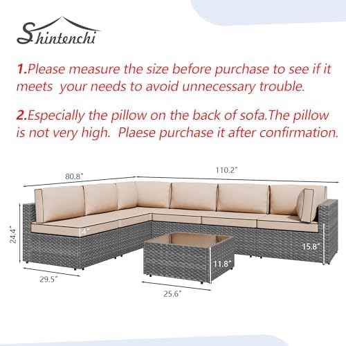 Shintenchi 7 Pieces Outdoor Patio Furniture Sets, Patio Sectional Sofa Couch, Gray PE Wicker Furniture Modular Patio Conversation Sets Patio Sofa with Washable Cushions, Gray/Khaki