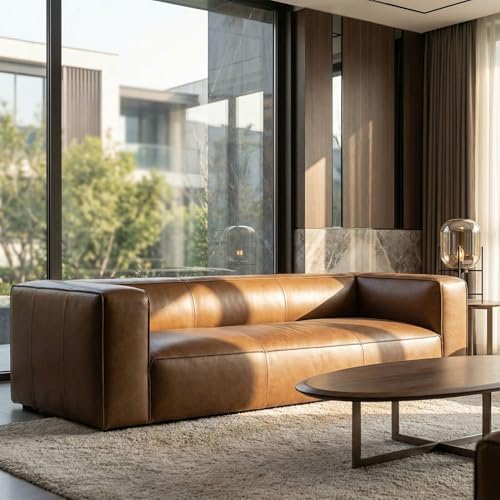 92.5-Inch Cognac Tan Genuine Leather Sofa, Modern 3-Seater Couch