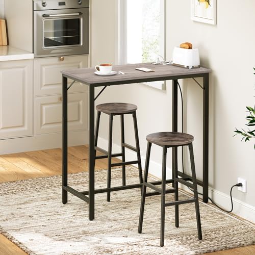 HOOBRO Bar Table with Charging Station, Rectangular Pub Table, High Top Coffee Table, Counter Bar Height Table, Narrow Long Dining Table, 35.4" L x 15.7" W x 35.6" H, Greige BG90UBT01