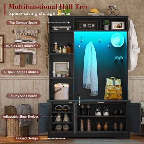 Black Hall Tree with Bench and Shoe Storage, Entryway Bench with Coart Rack