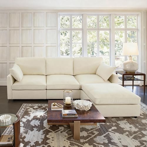 Iroomy Sectional Cloud Couch for Living Room, Spring Cushion Seating, L Shaped Convertible Modular Sofa with Ottoman, Beige