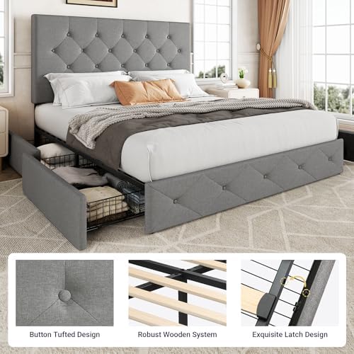 Allewie Full Size Storage Bed Frame with 4 Underbed Drawers, Upholstered Platform Bed with Adjustable Headboard, Diamond Button Tufted, Easy Assembly, Noise-Free, No Box Spring Needed, Light Grey