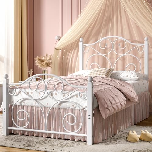 VECELO Twin Size Bed Frame with Headboard and Footboard, Heavy Duty Metal Slat Support, Platform Mattress Foundation, No Box Spring Needed, Easy Assembly, White