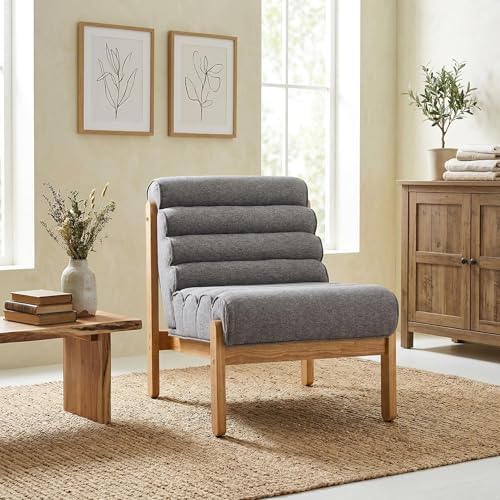 Christopher Knight Home Fluffy Low Profile Accent Chair, Modern Living Room Armless Lounge Chair, Fabric Comfy Reading Chair for Bedroom, Wooden Frame and Thick Padded Seat, Grey+Natural