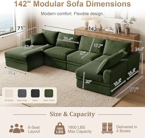 142" Oversized Modular Sectional Cloud Couches for Living Room, Corduroy 6-Seat Large Upgraded Boneless Couch with Ottoman Chaise, Deep Seat, U Shaped Memory Foam Sofa-in-a-Box, No Assembly, Green