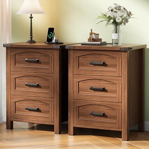 Decofy Farmhouse Nightstand Set of 2 with Charging Station, 3 Drawers