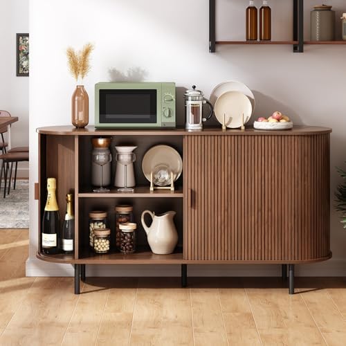 ONBRILL 55" Sideboard Buffet Cabinet, Sliding Door/Adjustable Shelf, Walnut