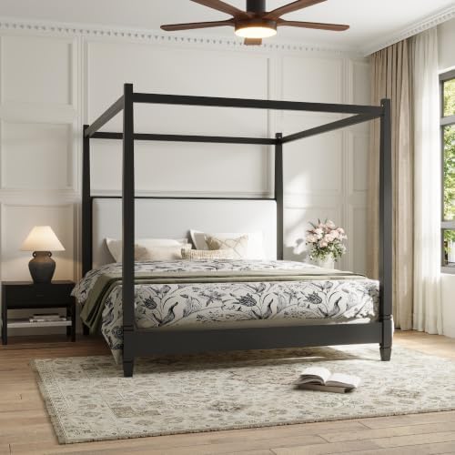 King Size Wood Canopy Bed Frame, Black Vintage Four-Posters Platform Bed