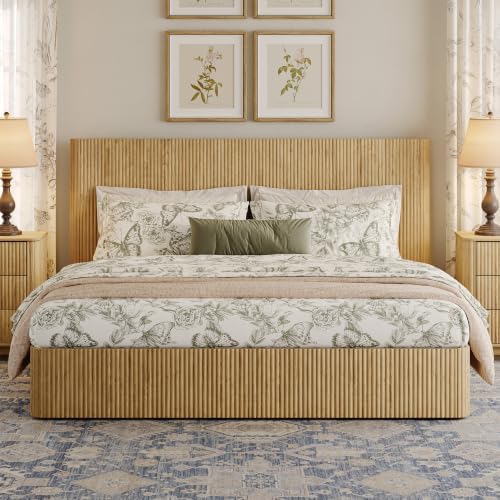 VMU Fluted King Size Platform Bed Frame with Lift up Storage, Oak