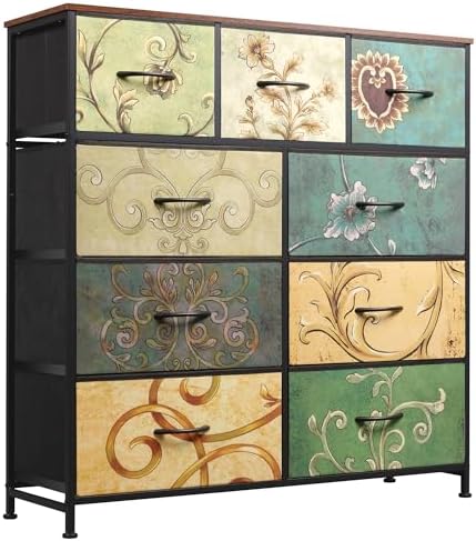 WLIVE Tall Dresser for Bedroom, 9 Drawer Chest of Drawers, Floral