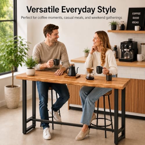 Solid Pine Wood Bar Table 47.2" - Industrial Counter Height Pub Table with Heavy Duty Steel Frame - Narrow High Top Table for Kitchen Island Home Bar & Small Spaces - Rustic Farmhouse (No Stools)