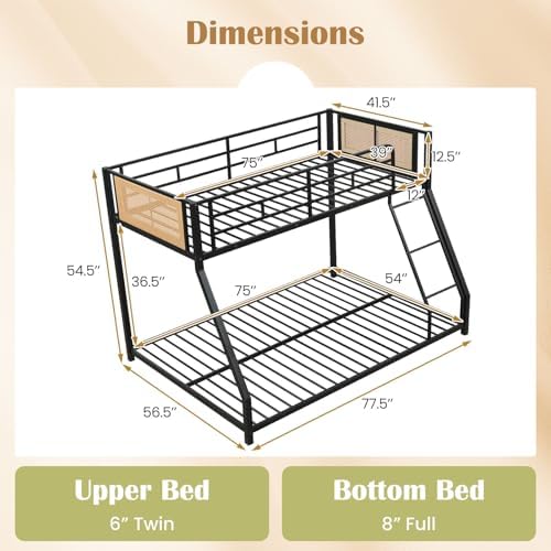 Giantex Twin Over Full Metal Bunk Bed, Boho Rattan Floor Bunkbeds with Ladder & Full-length Guardrails, Heavy Duty Metal Slats Support Bed Frame for Teens, Adults, Guests, No Box Spring Needed (Black)