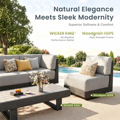 PHI VILLA 6 Piece Wicker Patio Sectional Furniture Set 8.7" Gray Cushion