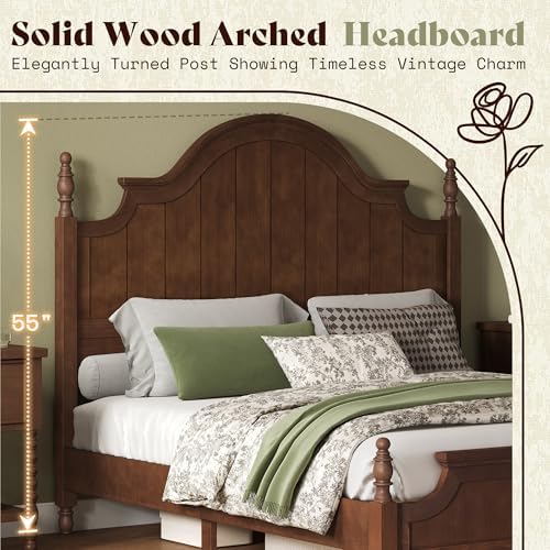 AMERLIFE Queen Solid Wood Poster Bed with Arched Headboard, Dark Walnut