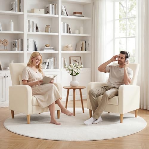 COLAMY Mid-Century Modern Accent Chairs Set of 2, Fabric Upholstered Living Room Chairs with Back Pillow & Solid Wood Legs, Comfy Armchair for Living Room, Bedroom, Single Sofa, Beige