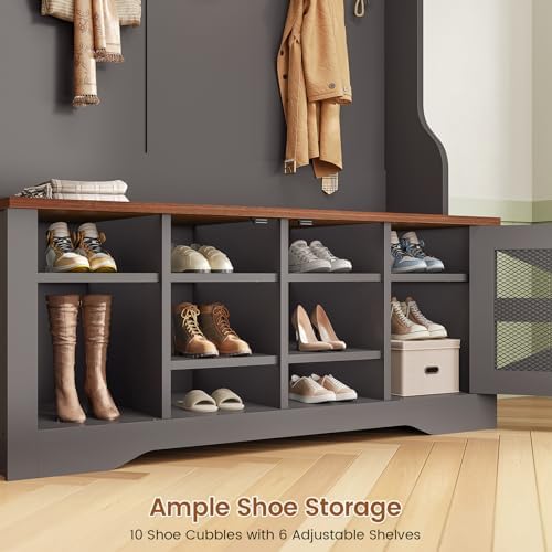 Itaar Hall Tree with Bench and Shoe Storage, 5-in-1 Entryway Bench with Coat Rack, 10 Shoe Cubbies & 9 Coat Hooks, Barn Door & Adjustable Shelf (Black)