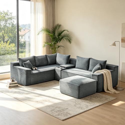 106-Inch Oversized L-Shaped Corner Cloud Couch Modular Cloud Sectional Couch W/Console & Ottoman, Compression Boneless Corner Sofa Plush Corduroy Sectional Sofa for Living Room