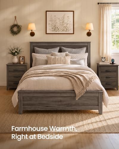 VASAGLE Farmhouse Nightstand with Charging Station, 3 Drawers