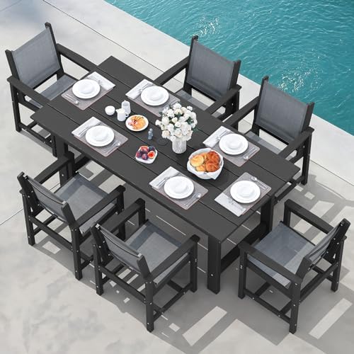 SERWALL 7 Pcs HDPE Patio Dining Set, HDPE Dining Set for 6, Gray