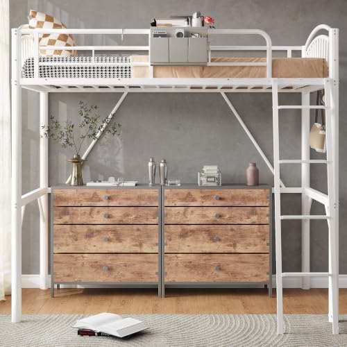 Decofy Metal Loft Bed Twin Size, Heavy Duty Loft Bed with Bedside Caddy, EVA Anti-Slip Ladder with Sturdy Guardrails, Space-Saving Twin Size Loft Bed for Teens & Adults for Bedroom Dorm (White)