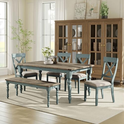 Roundhill Furniture Prato 6-Piece Dining Set, Dining Table with 4 Cross Back Chairs and Bench, Antique Blue and Distressed Walnut Finish