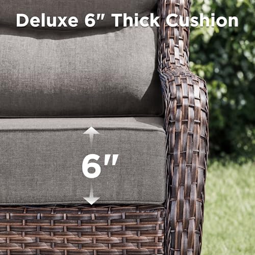 Luxury Outdoor Swivel Rocker Patio Chairs-3 Piece Wicker Patio Rocking Chairs Set of 2 with Glass Side Table 6" Thick Cushions High Back Outdoor Furniture Sets for Deck Porch Balcony(Brown/Grey)