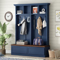 Merax Wood Hall Tree with 6 Hooks & Entryway Bench, Farmhouse Mudroom Versatile Coat Racks with 2 Large Drawers, Entrance Organizer for Hallway, Blue