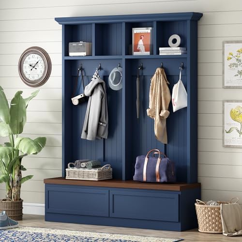Merax Wood Hall Tree with 6 Hooks & Entryway Bench, Farmhouse Mudroom Versatile Coat Racks with 2 Large Drawers, Entrance Organizer for Hallway, Blue