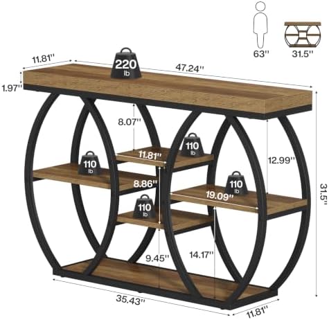 Tribesigns 47-Inch Farmhouse Console Table for Entryway, 4-Tier Narrow Industrial Sofa Table with Artistic Curved Metal Frame for Living Room, Hallway, Foyer, Behind Couch, Rustic Brown
