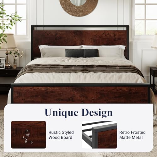 Allewie Queen Size Bed Frame, Heavy Duty 12 Metal Slats Support, Mahogany
