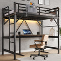Twin Size Loft Bed with LED Lights and Charging Station, Industrial Heavy Duty Metal Loft Bed Frame with Ladder and Guardrail for Kids Adults, Small Space Saving Design for Bedroom Dorm, Vintage Brown