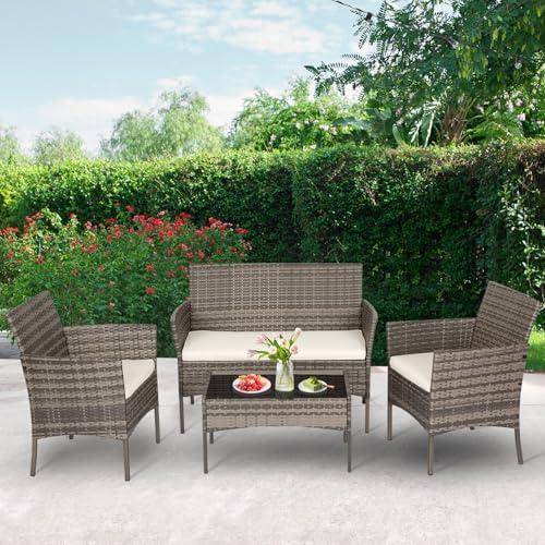 FDW 4-Piece Patio Furniture Set | Gray & Khakhi | Outdoor Wicker Furniture