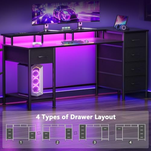 Korfile 55 Inch Gaming Desk with Power Outlets and LED Lights, Reversible Computer Desk with 5 Fabric Storage Drawers, Home Office Desk with Monitor Stand for Working Writing Study, Carbon Fiber Black