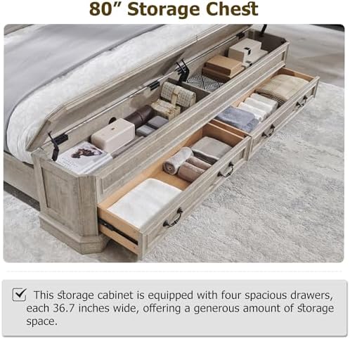 T4TREAM Farmhouse King Bed with Headboard and Storage Bench