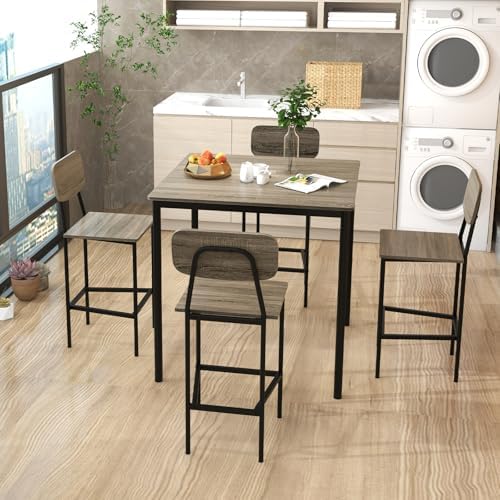 GIANTEX 5-Piece Dining Table Set W/Counter Height Table & 4 Bar Stools, Modern Kitchen Dining Set W/Footrest & Backrest, Space-Saving Dinette Set for Pub, Dining Room, Restaurant (Black Oak)