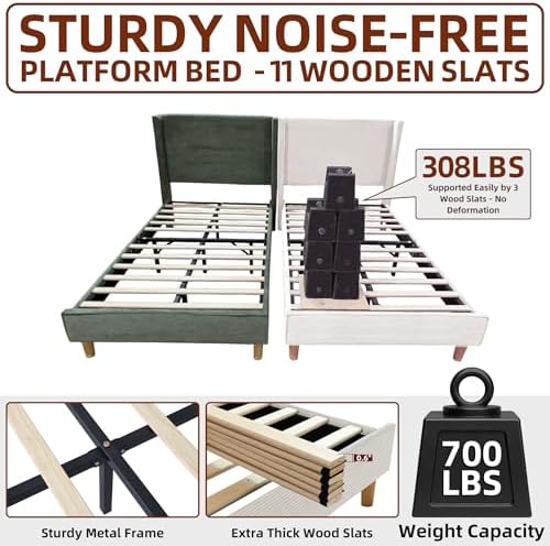 Twin Corduroy Upholstered Platform Bed with Headboard Wingback, Cream