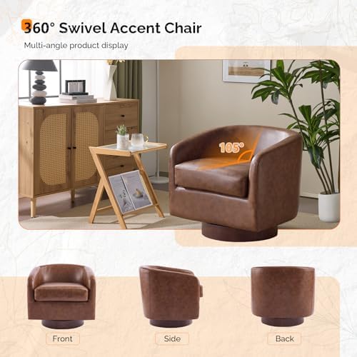 VINGLI 360°Swivel Accent Chair with Engineered Wood Base and Removable Cushion for Living Room, Bedroom, Curved Back Barrel Chair for Small Space, Upholstered Bucket Armchair, Pu-Brown